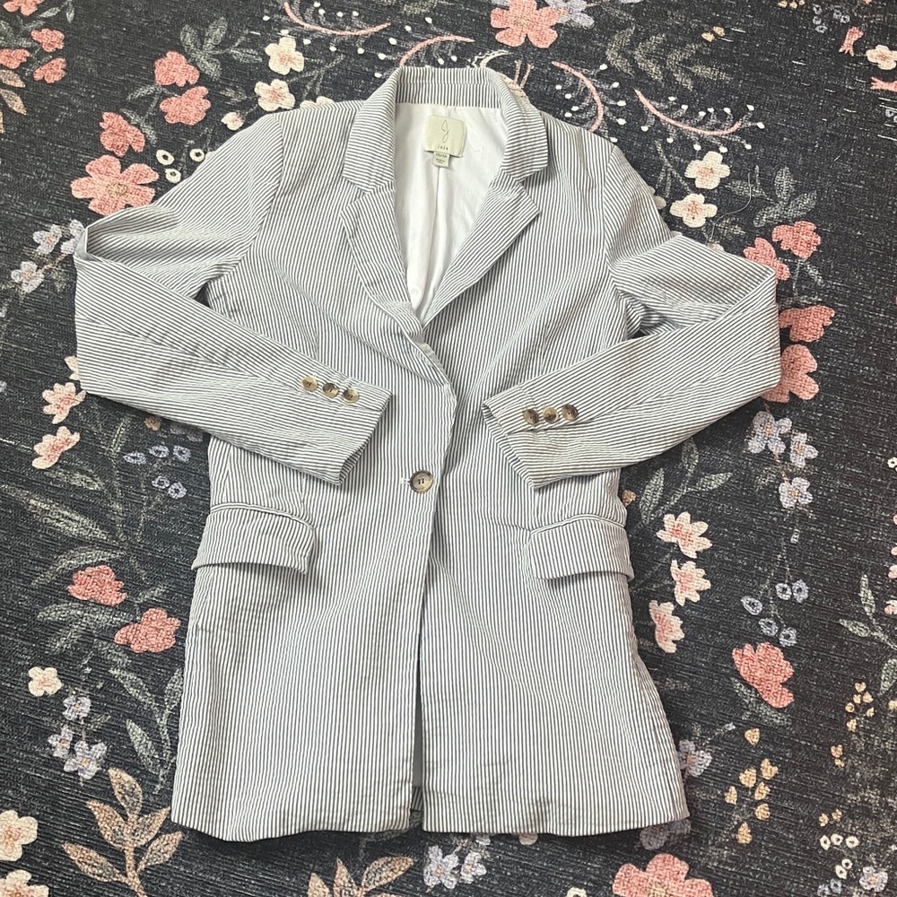 Joie Seersucker Pinstripe Lined Long Blazer Jacket pockets work office cute XS